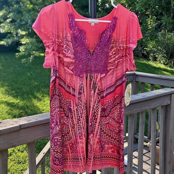 Oneworld Embellished Boho Tunic Top XL Coral Pink Multicolor Paisley Print - Picture 1 of 8